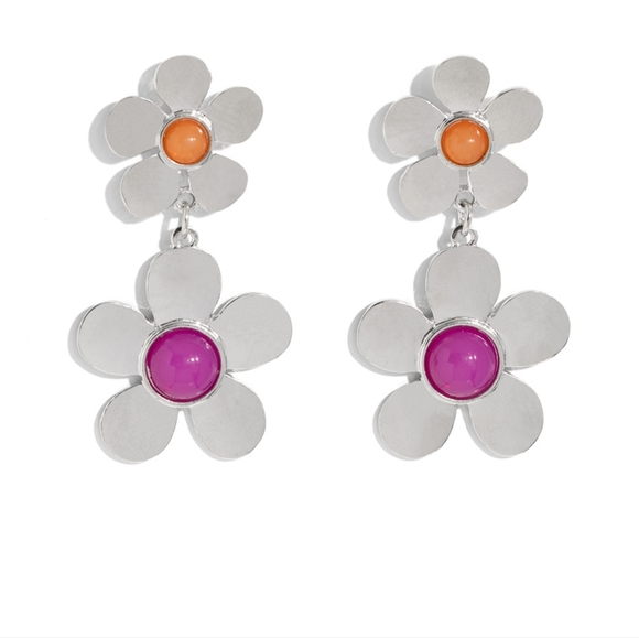 Fashionable Florals Pink Post Earrings Orange *Vintage* - Picture 1 of 4